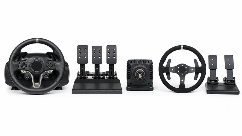 Logitech G29 vs Moza R5 style bundles lined up straight-on against a white background
