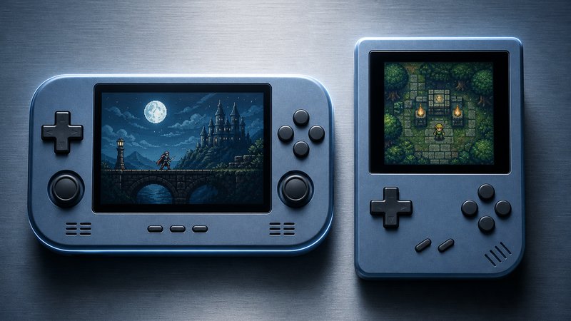 Two GBA emulation handhelds compared side by side on a brushed metal surface