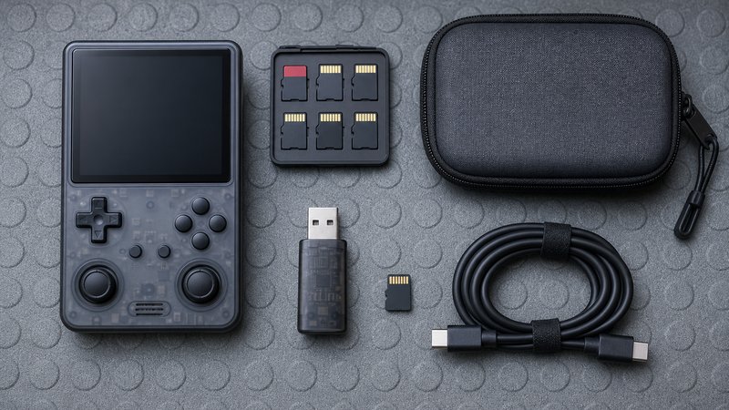 Setup kit spread for a Game Boy and GBA emulation handheld on a garage mat