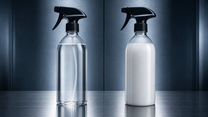 Glass cleaner and UV protectant, two core interior detailing products, paired on a brushed metal bench