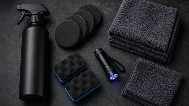 Graphene ceramic spray coating kit with applicators and towels on a dark workbench