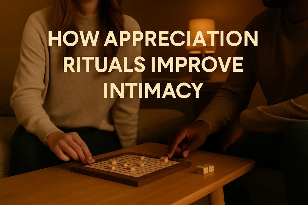 Two people sit at a table playing a word game. Text on image reads: How appreciation rituals for couples improve intimacy.