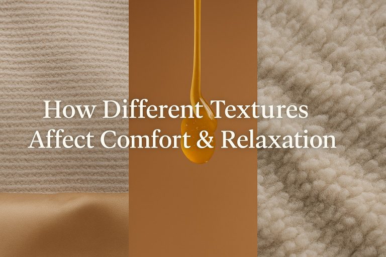 Three textures - smooth fabric, dripping liquid evoking lubricant textures, and soft wool - are shown side by side with the text: "How Different Textures Affect Comfort & Relaxation" overlaid.