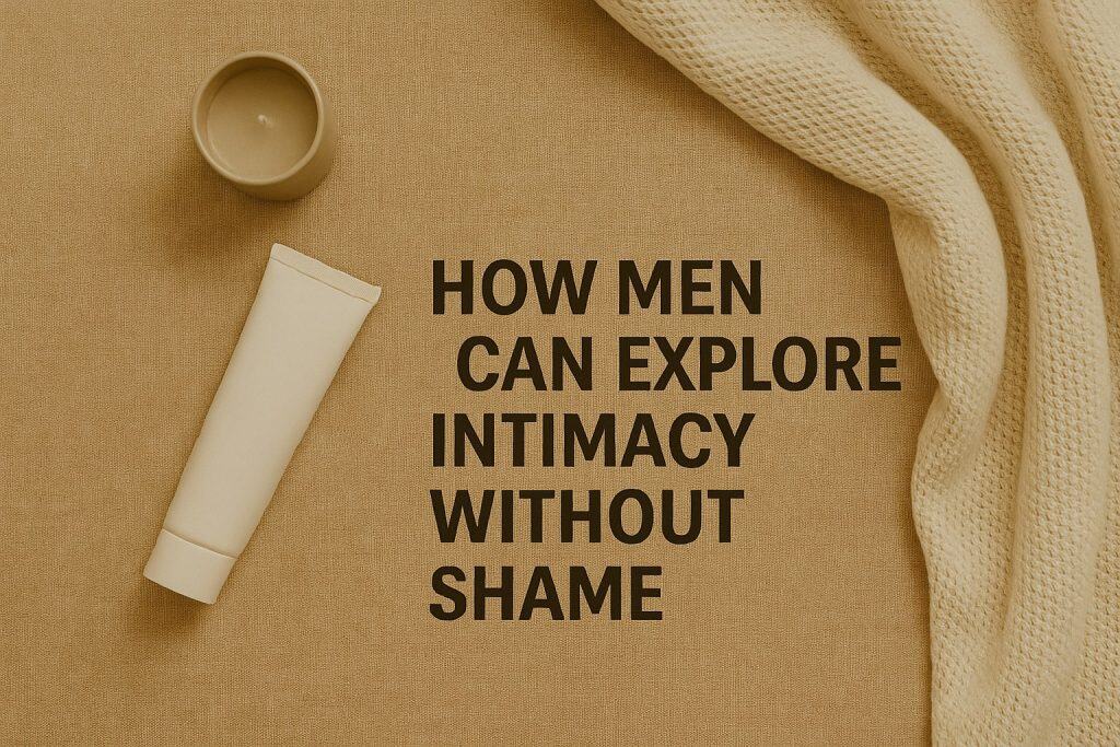 A tube, a candle, and textured fabric beside text reading How men can explore intimacy without shame on a beige background invite mindful exploration for men seeking healthy masculinity.