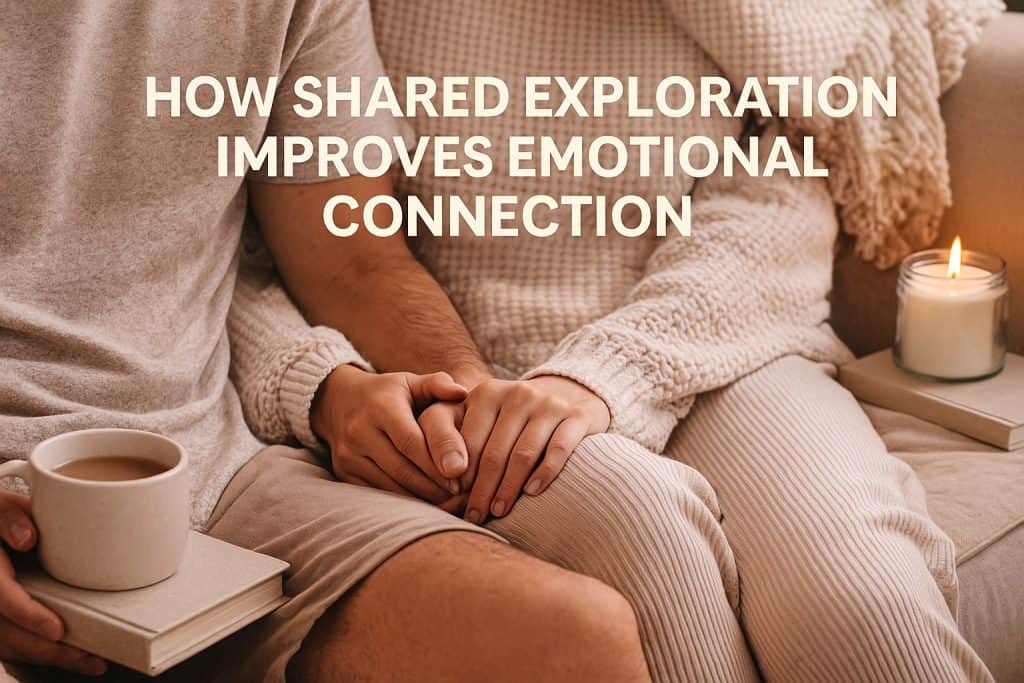A couple sits close together on a couch, holding hands, with a candle and a cup of coffee nearby. Text reads: How communication through exploration deepens emotional connection.