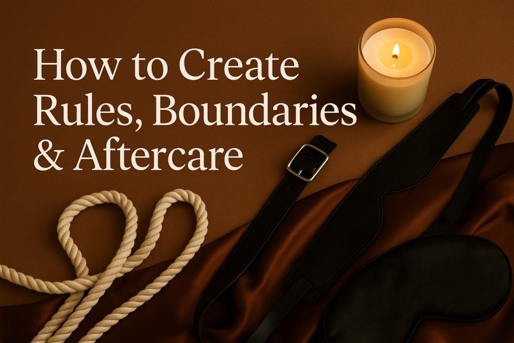 A candle, rope, belt, and blindfold on a brown surface, next to the text: "How to Create Safe Kink Boundaries & Aftercare."