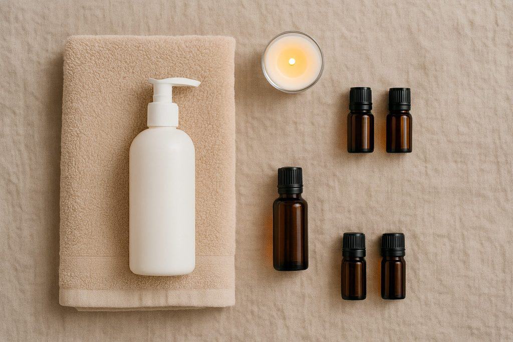 A white pump bottle on a folded towel, a lit candle, and five small brown glass bottles are arranged on a beige fabric surface - perfect essentials for couples massage and partner-focused massage sessions.