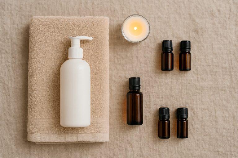 A white pump bottle on a folded towel, a lit candle, and five small brown glass bottles are arranged on a beige fabric surface - perfect essentials for couples massage and partner-focused massage sessions.