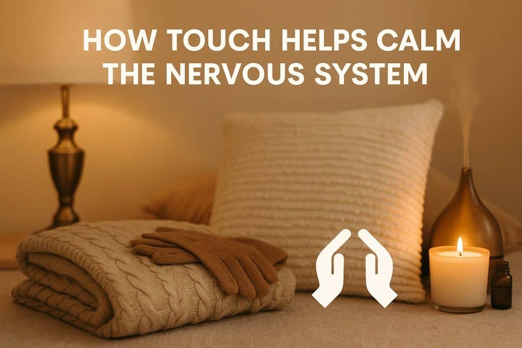 A cozy scene with a folded knit blanket, gloves, pillow, lit candle, and essential oil diffuser highlights how touch calms the nervous system and promotes relaxation through touch.