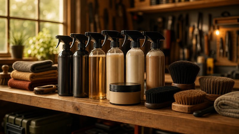 Collection of interior car detailing products lined up on a garage shelf in warm light