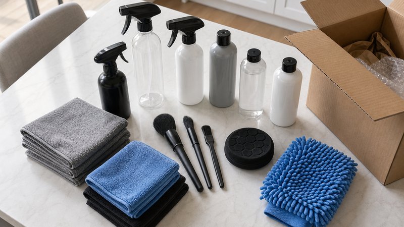 Interior detailing products unboxing spread on a kitchen table with cleaners, brushes, and towels