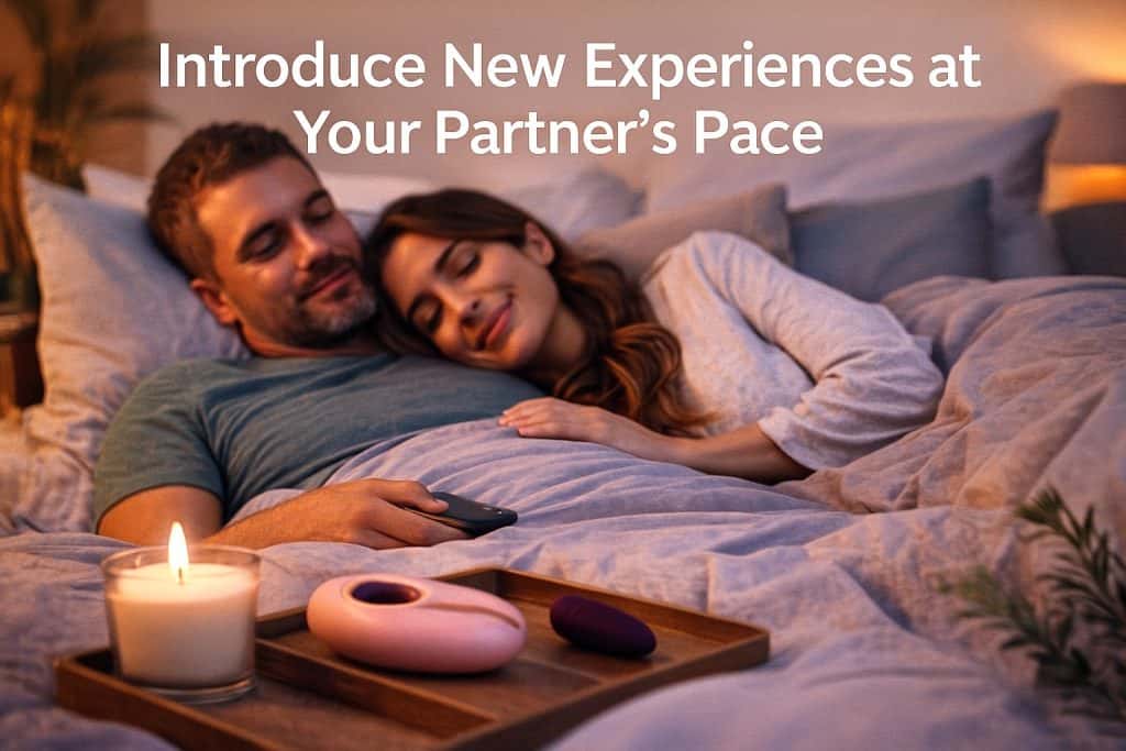 A couple relaxes in bed with a tray holding a candle and two adult toys, embodying healthy intimacy pacing, accompanied by the text Introduce New Experiences at Your Partner's Pace.