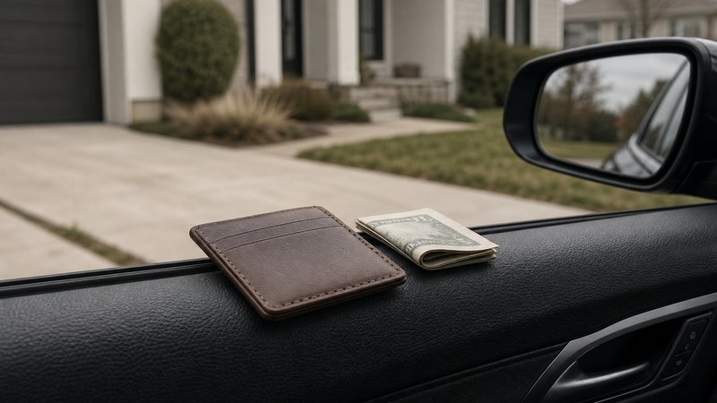 Leather minimalist wallet for men resting on a car door panel in a driveway