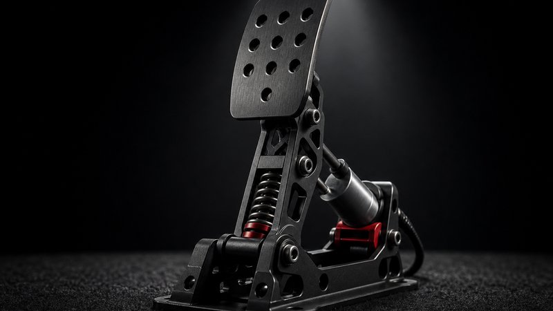 Macro view of a load cell brake pedal from a sim racing pedal set under $200 on black felt