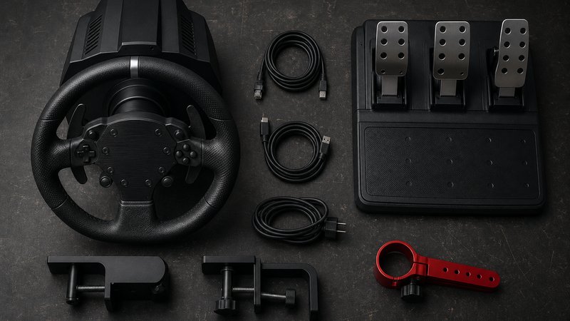 Gear-driven racing wheel and accessories on a dark workbench for a G29 vs Moza R5 comparison