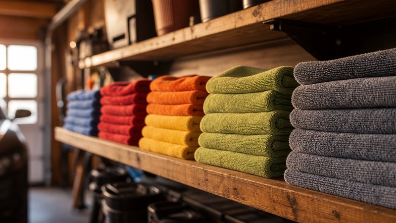 Folded microfiber towels for car detailing organized by color on a garage shelf