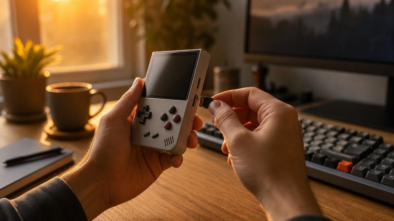 Hands inserting a microSD card into a retro handheld at a golden-hour home office desk
