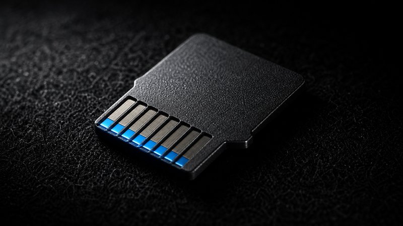Macro detail of a microSD card for retro handhelds spotlighted on black felt