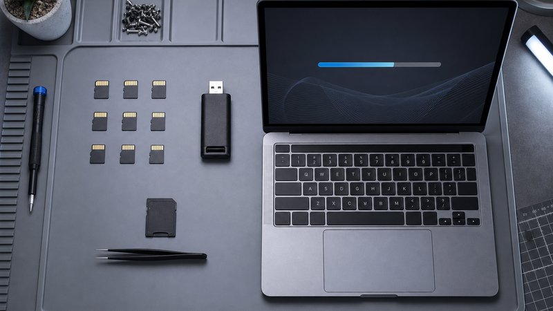 MicroSD cards for retro handhelds spread out with a reader and laptop for counterfeit testing