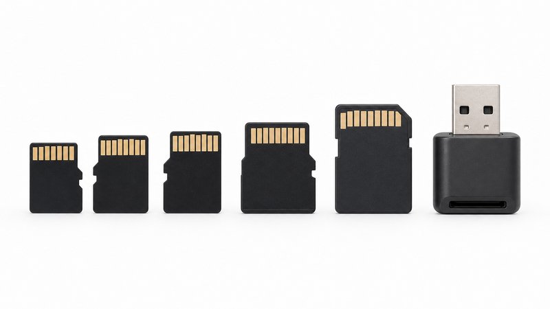 MicroSD cards and reader lined up for a Miyoo Mini Plus OnionOS install