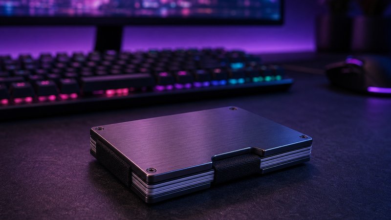 Slim minimalist wallet for men in front of a gaming desk with soft RGB glow