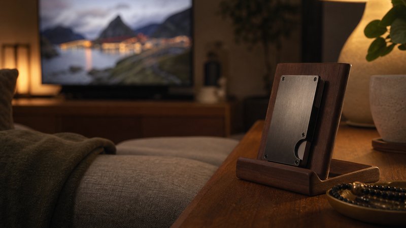 Minimalist wallet for men on a valet stand beside a couch in warm evening light