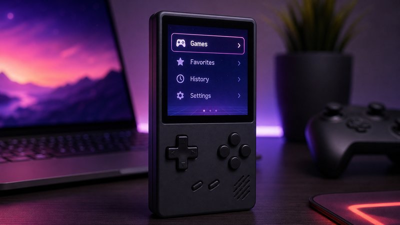 Miyoo Mini Plus in the foreground of a gaming desk during OnionOS setup
