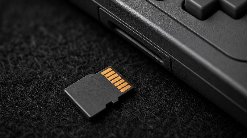 Macro view of a microSD card beside the Miyoo Mini Plus card slot during setup