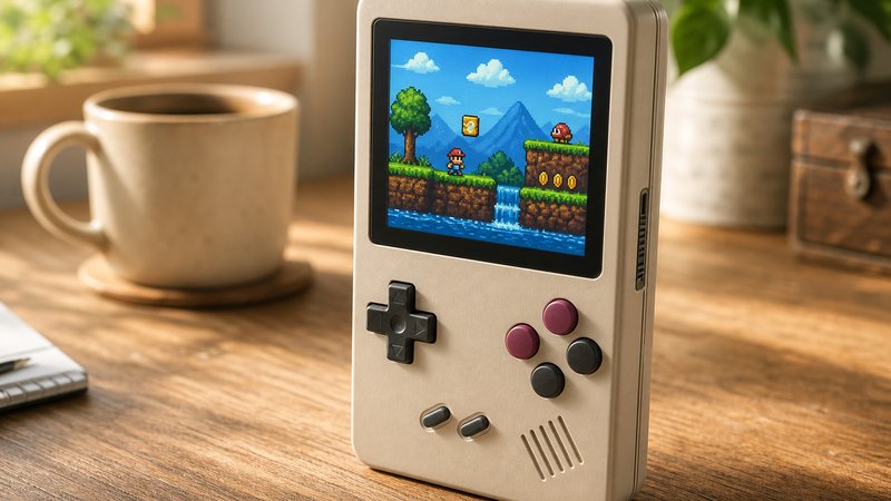 Miyoo Mini Plus, a top retro gaming handheld under $100, on a wood desk