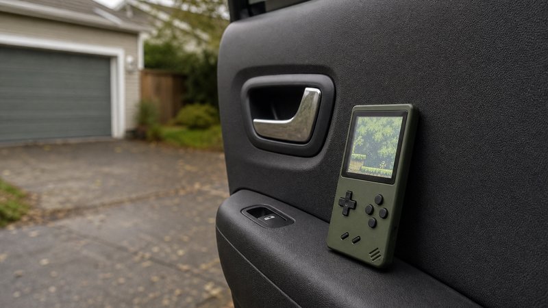 Miyoo pocket retro handheld resting on a car door panel on an overcast day