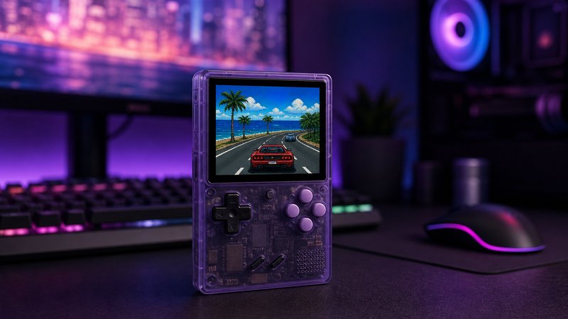 Retro handheld on a gaming desk with RGB glow, settling the Miyoo Mini Plus vs TrimUI Brick decision