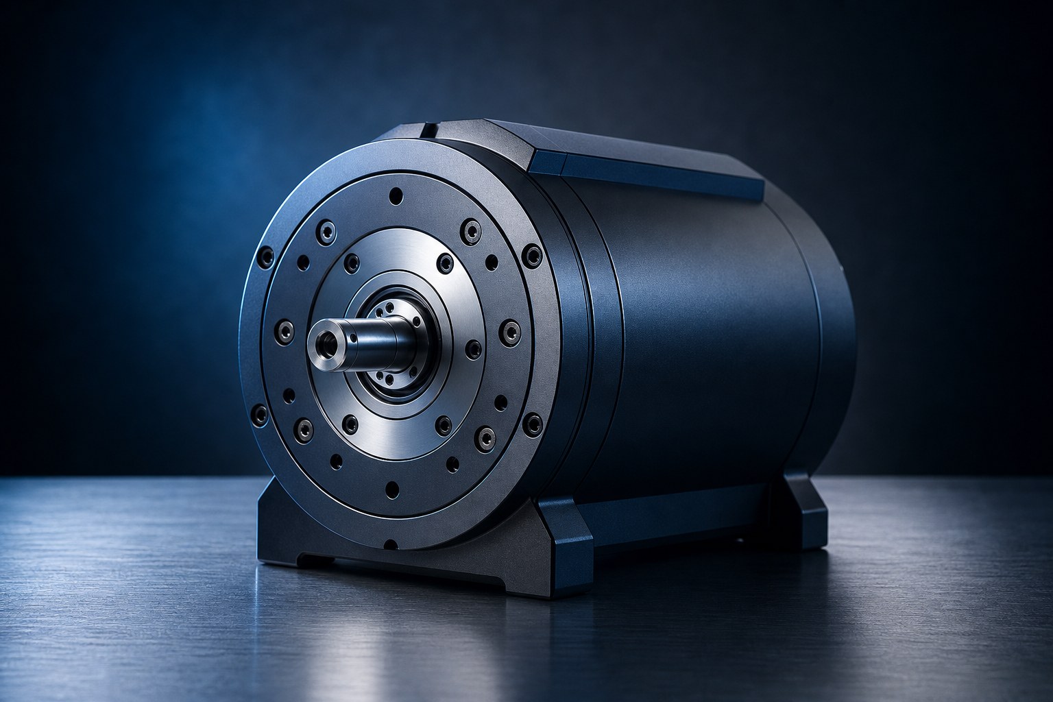 High-torque direct-drive sim racing wheel base shown alone on a brushed metal surface