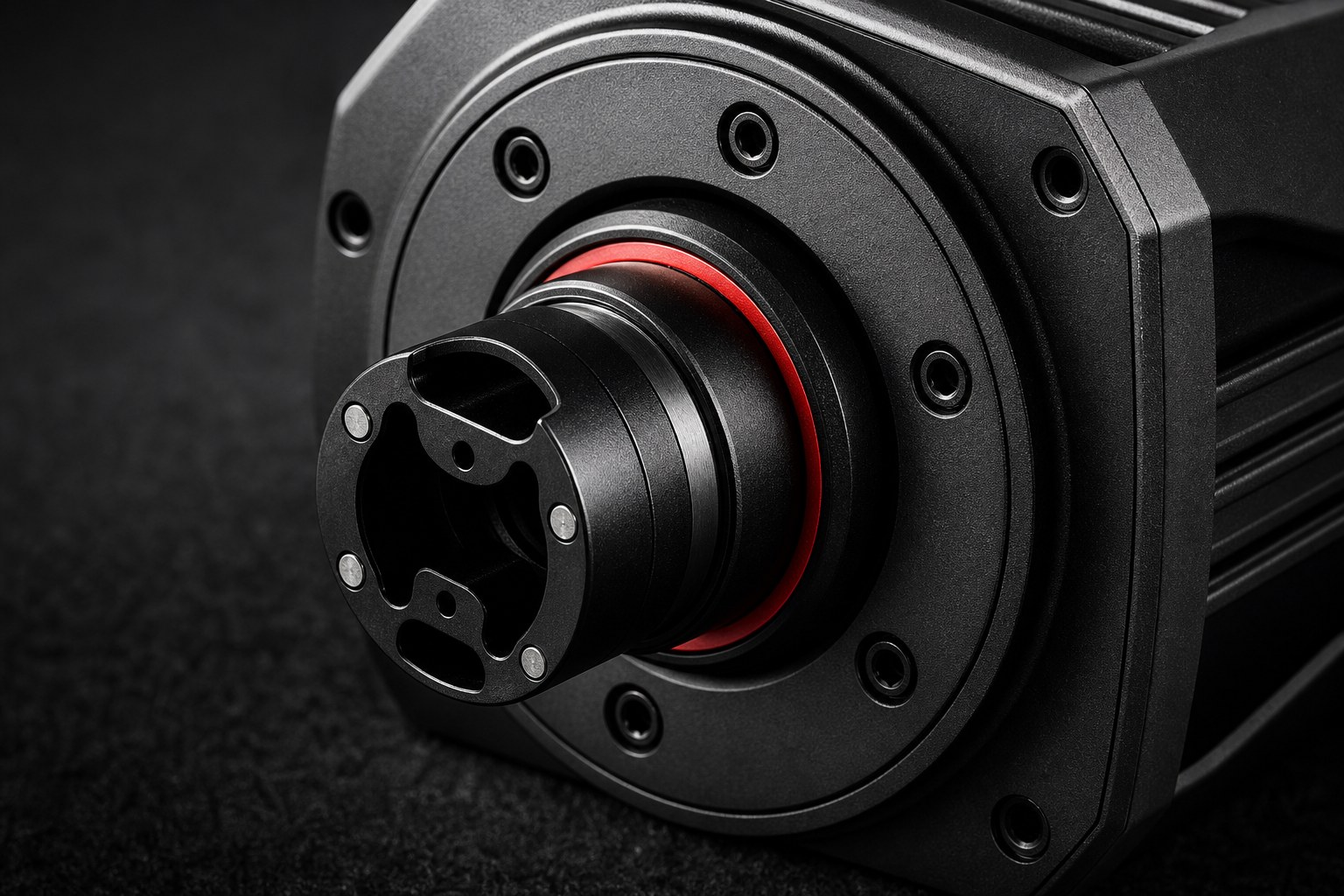 Macro detail of a direct-drive sim racing wheel base shaft and mounting face