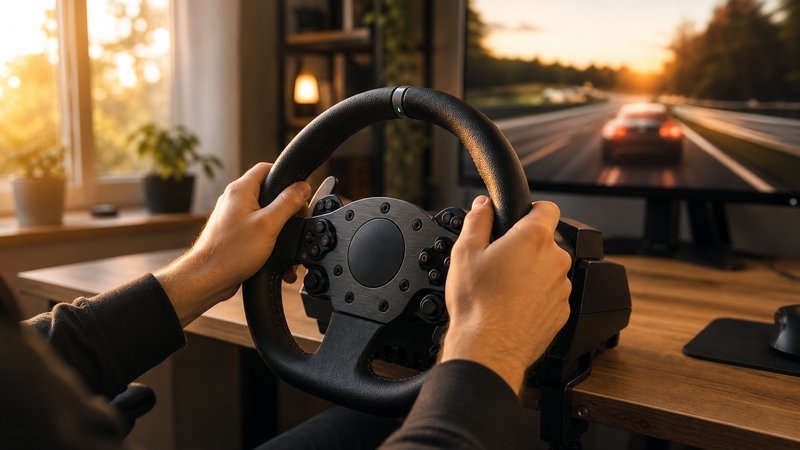Hands turning a direct drive sim racing wheel in a home office during a G29 vs Moza R5 comparison