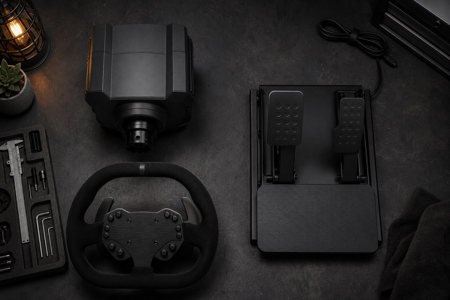Entry sim racing wheel base with steering wheel and two-pedal set laid out on a dark bench