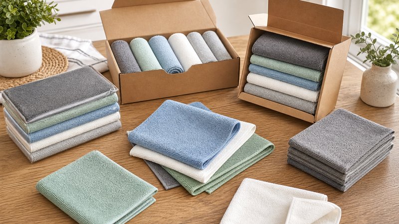 New microfiber towel packs for car detailing spread out on a table before first wash
