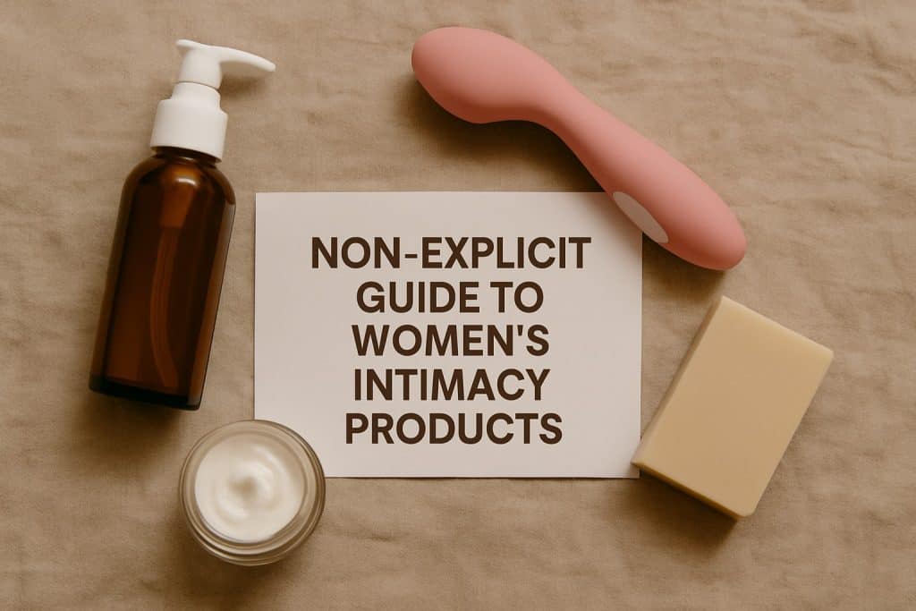 A card reading Non-explicit guide to women's intimacy products is surrounded by women's self-exploration tools - a pump bottle, vibrator, cream jar, and soap bar - beautifully arranged on beige fabric.