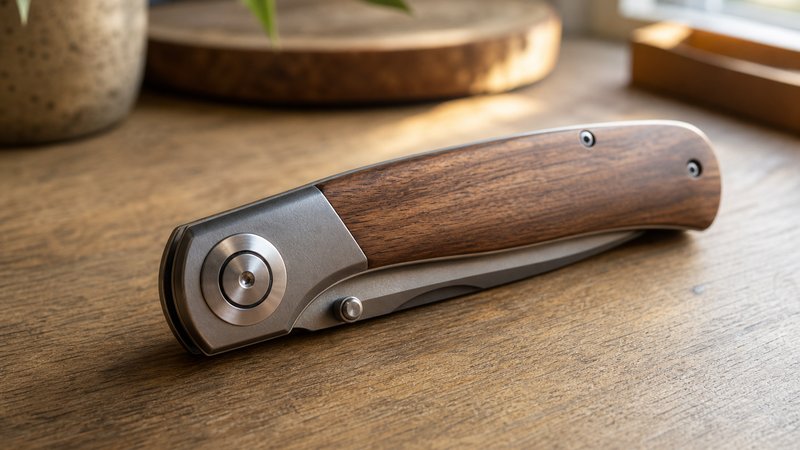 Compact budget EDC knife resting closed on a wood desk in soft daylight