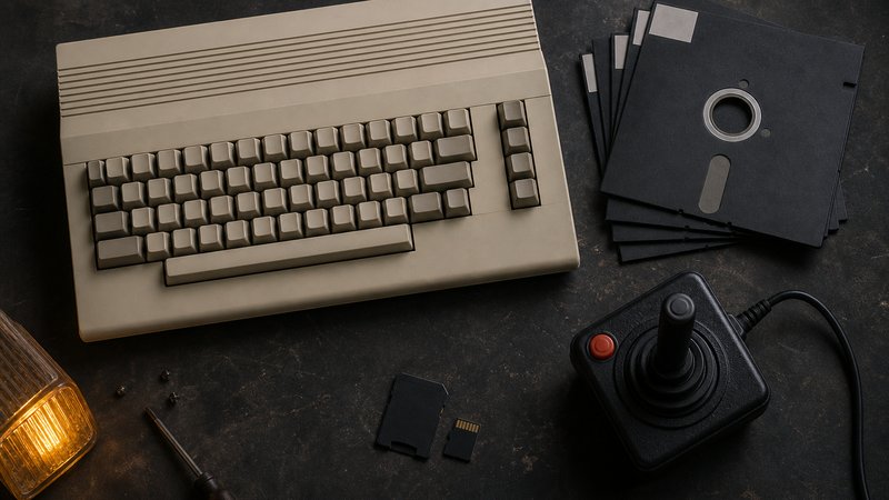 Vintage 80s home computer, floppy disks, and joystick used to play Commodore 64 games on real hardware