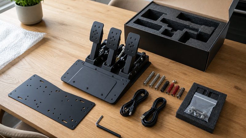 Unboxed sim racing pedal set under $200 spread on a kitchen table in daylight