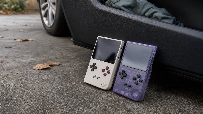 Two pocket handhelds near a car door panel, sizing up Miyoo Mini Plus vs TrimUI Brick portability