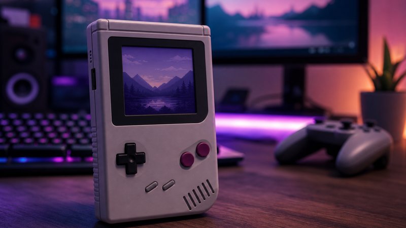 Powkiddy RGB30, a square-screen retro handheld under $50, on a glowing gaming desk