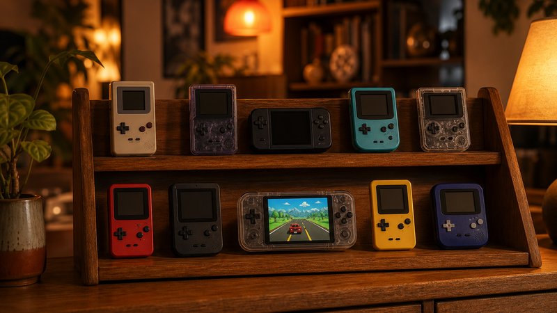 Collection of handhelds for PS1 emulation displayed on a warm-lit shelf
