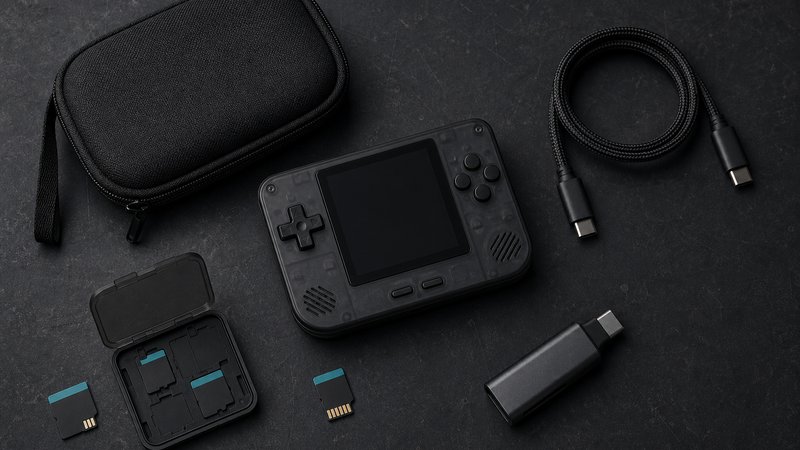 Handheld for PS1 emulation with microSD cards and accessories on a dark workbench