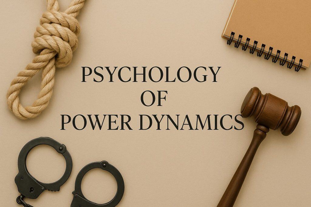 A noose, handcuffs, gavel, and notebook surround the text "Psychology of Power Dynamics" on a beige background.