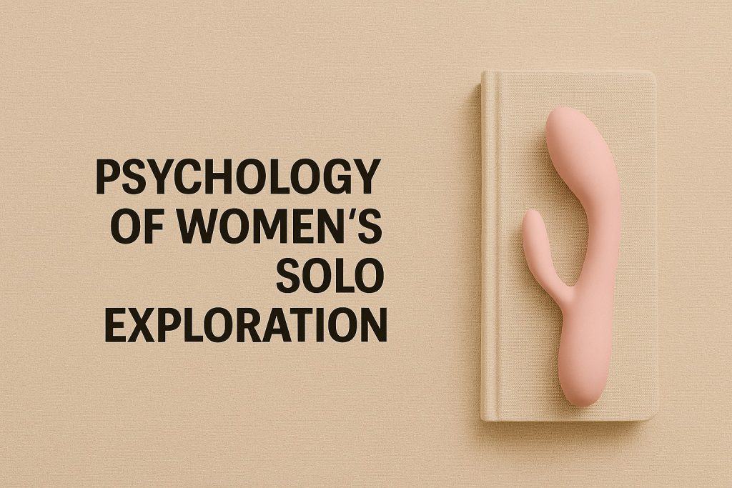 A pink vibrator rests on a closed beige book next to the text Psychology of Women's Solo Exploration, highlighting women's self-awareness on a neutral background.