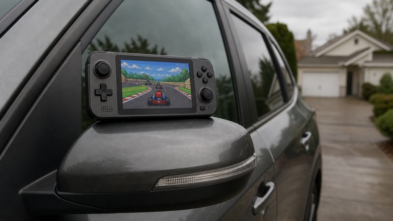 R36S retro handheld under $50 resting beside a car in a driveway