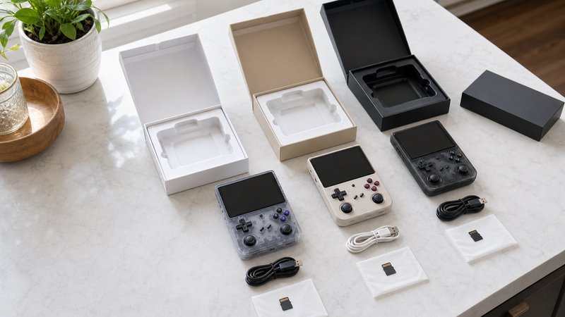 Unboxing spread of Anbernic, Retroid, and Miyoo retro handhelds on a kitchen table