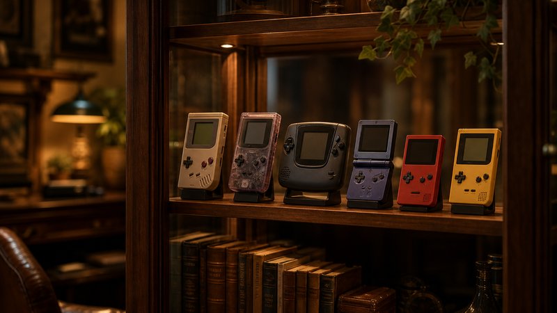 Shelf collection of retro handhelds, each one a home for different custom firmware