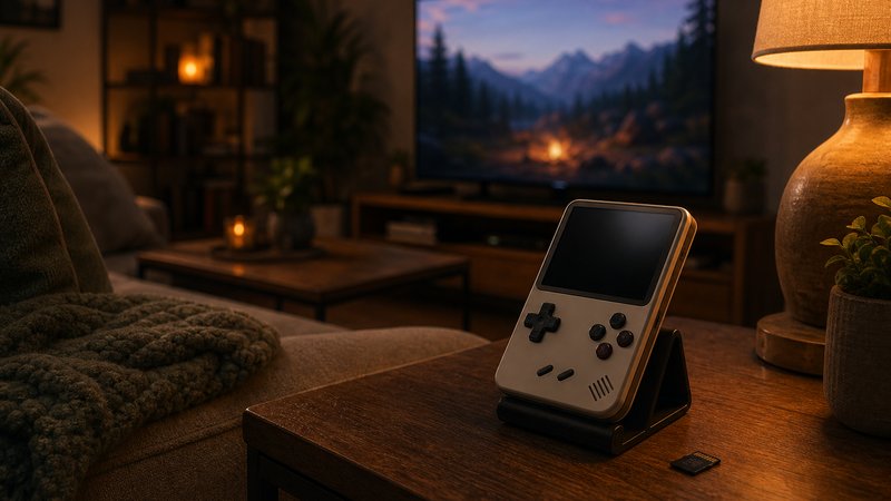 Retro handheld on a stand at an evening TV setup with its microSD card resting beside it
